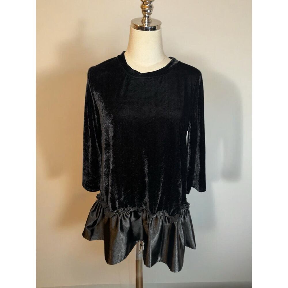 Anthropologie Pleione Velvet Ruffle Peplum Hem 3/4 Sleeve Tunic Top Black Medium